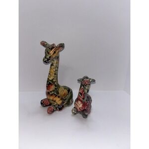 Vintage Floral Art Deco Mother 11" & Baby 7" Giraffes Decoupage Porcelain Decor